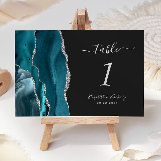 Numeração De Mesa Número de Mesa de Casamento Azul Teal Prata Ágata  (Criador carregado)