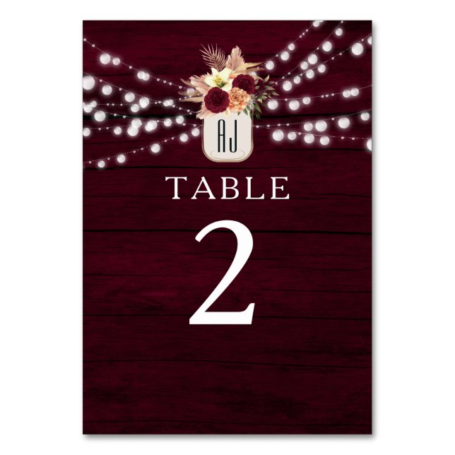 Numeração De Mesa Número de Mesa de Casamento Burgundy Rústico (Frente)