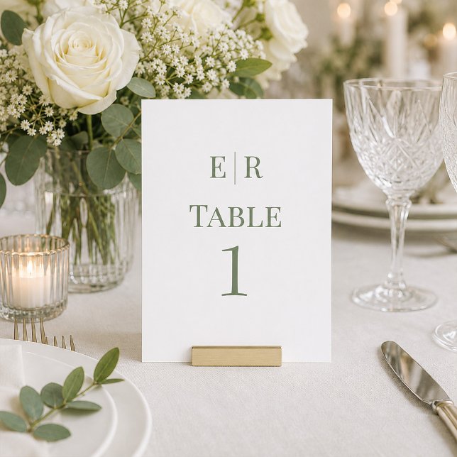 Numeração De Mesa Número de Mesa de Casamento com Monograma Branco e (White & Olive Monogram Wedding Table Number on a wedding table with flowers)