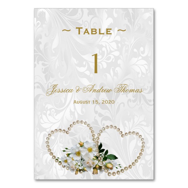 Numeração De Mesa Número de Mesa de Casamento Damask Pérolas Coraçõe (Frente)