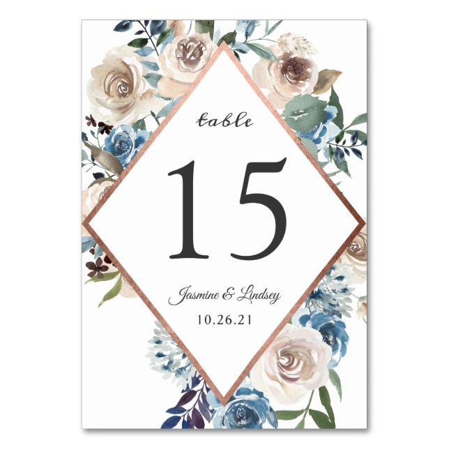 Numeração De Mesa Número de Mesa de Casamento em Rosa Dourado e Azul (Frente)