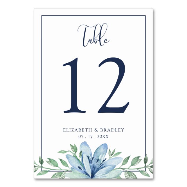 Numeração De Mesa Número de Mesa de Casamento Floral Azul Aquarela (Frente)