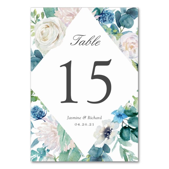 Numeração De Mesa Número de Mesa de Casamento Floral Azul Salvia (Verso)