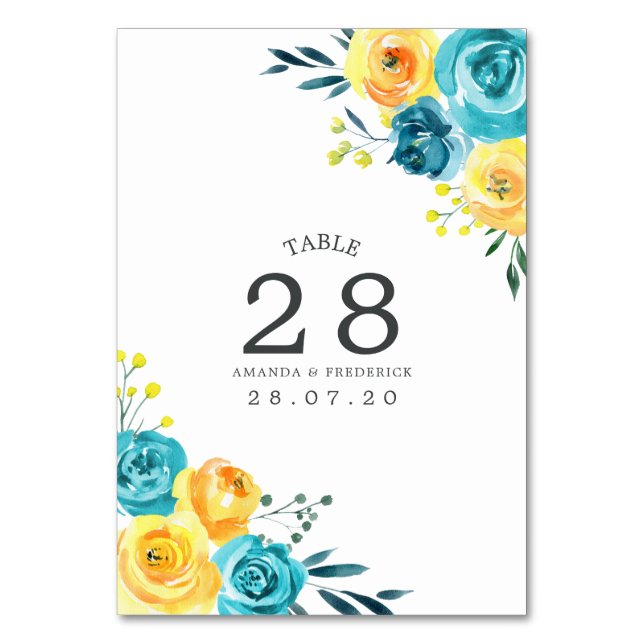 Numeração De Mesa Número de Mesa de Casamento Floral Turquesa e Amar (Frente)