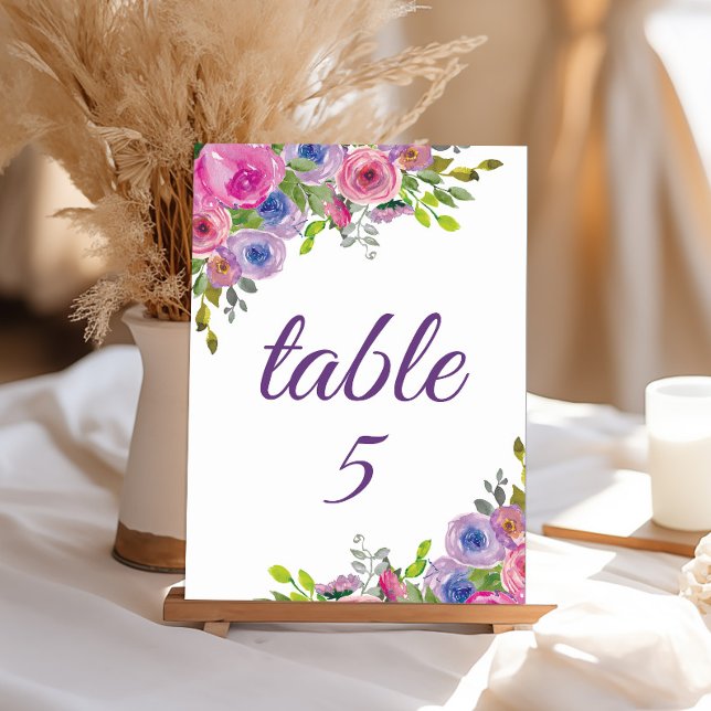 Numeração De Mesa Número de Mesa Floral Rosa Roxo (Pink and purple watercolor floral special event table number template)