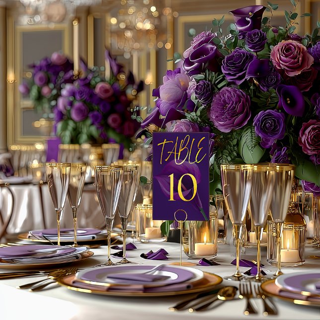 Numeração De Mesa Número de Mesa Lírio-de-callas Roxo Moderno e Sofi (Striking Purple and Gold Calla Lily Table Number )