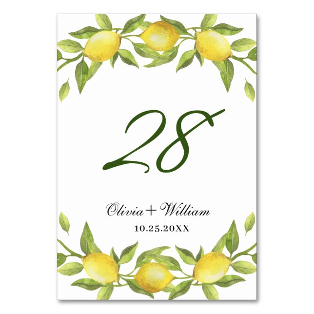 Numeração De Mesa Números da Mesa Casada Greenery Lemons Elegante (Frente)