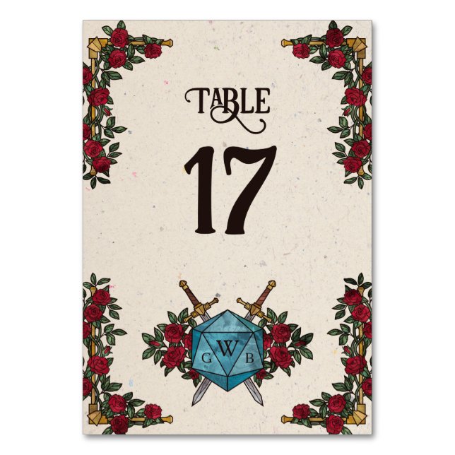 Numeração De Mesa Números de Mesa Casamento RPG Rosas Monograma D20 (Frente)
