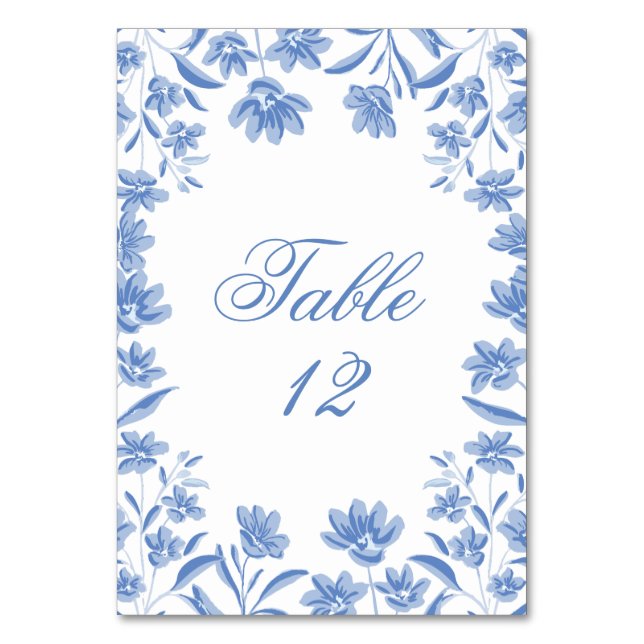 Numeração De Mesa Números de Mesa de Casamento Floral Azul e Branco (Frente)