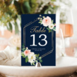 Numeração De Mesa Números de Tabela de Casamento Dourado Azul-marinh<br><div class="desc">Ajude seus hóspedes a encontrar facilmente o caminho com estes bonitos cartões de números de mesa duplos. Edite facilmente os números,  nomes e data! Este design apresenta um belo buquê floral e uma fonte elegante de script!</div>