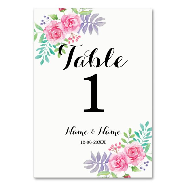 Numeração De Mesa Números de tabela Flores de Rosa de Aquarela de Ca (Frente)