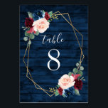 Numeração De Mesa Números de Tabelas de Casamento de Blush Dourado m<br><div class="desc">Cartões de Número de Tabela Caseira de Casamentos Azul Brilhante Dourada Blush Pink País Cor-de-Rosa - apresentam um celeiro azul-marinho escuro ou fundo de grãos de madeira decorado com uma estrutura geométrica de ouro impressa que é aparada com elementos florais e verdes em tons de marinho, rosa, burgundy e muito...</div>