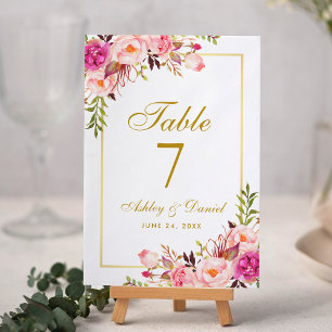 Numeração De Mesa O rosa floral da aguarela cora casamento Dourado