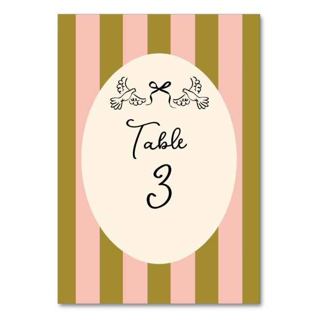 Numeração De Mesa Olive Green and Blush Pink Striped Wedding  (Frente)