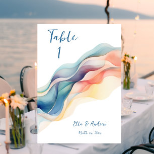Numeração De Mesa Onda de Cor Abstrata Moderna Azul Branco Casamento