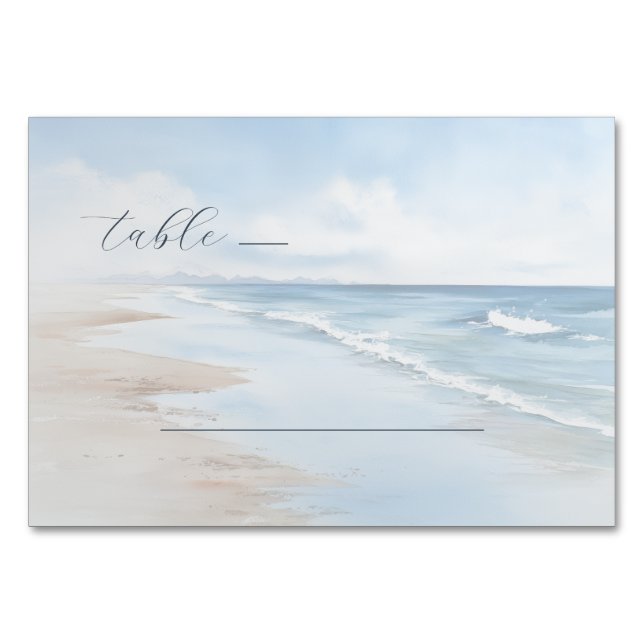 Numeração De Mesa Ondas de Praia em Aquarela Azul Tranquilo (Frente)