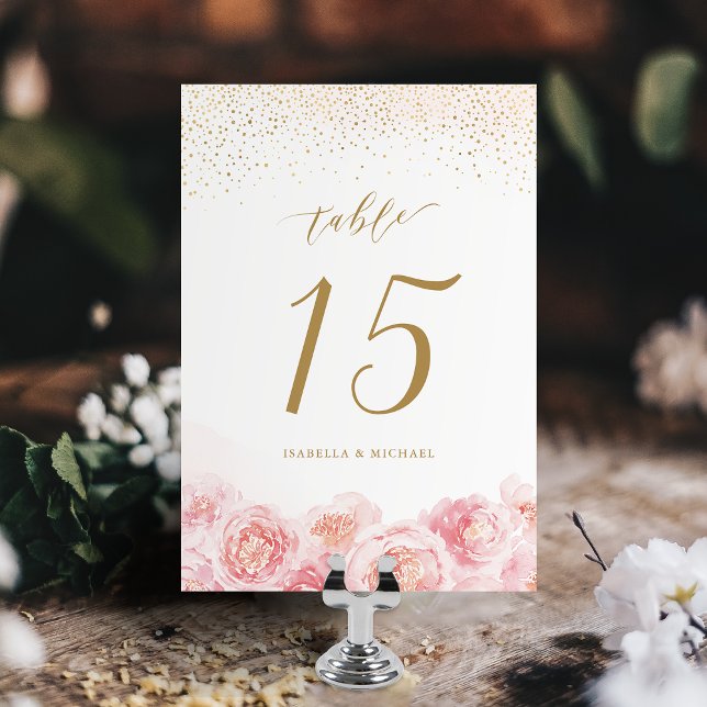Numeração De Mesa Ouro para caligrafia elegante e casamento floral p (Elegant calligraphy gold & blush floral wedding table number)