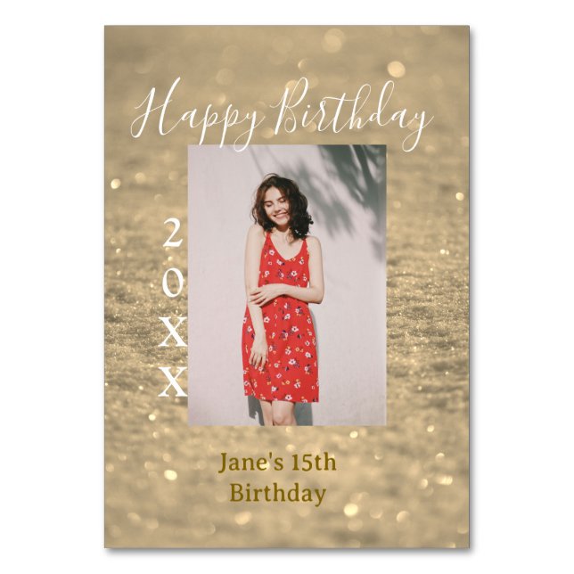 Numeração De Mesa Ouro reluzente feliz 15 de aniversário nome ano (Frente)