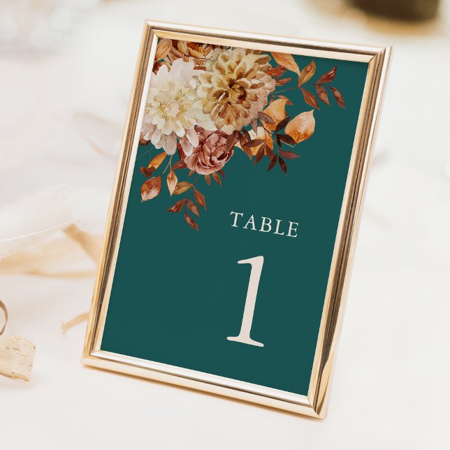 Numeração De Mesa Outono Cerúleo (Elegant Teal Fall Floral Table Number Decor by Painted Paperie
)