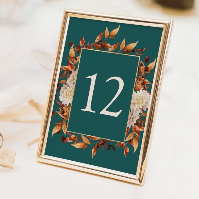 Numeração De Mesa Outono Rústico (Rustic Watercolor Copper Fall Leaves Teal Decor Table Number by Painted Paperie
)