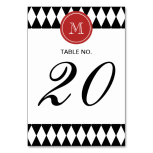 Numeração De Mesa Padrão de Harlequin branco preto, monograma vermel