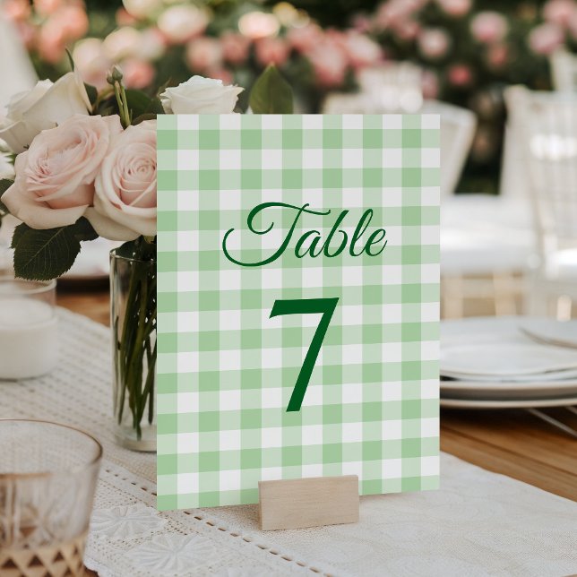 Numeração De Mesa Pale Ginga Xadrez Elegante Caligrafia (Pale Green Gingham Plaid Elegant Calligraphy Table Number)