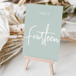 Numeração De Mesa Pale Sage Green Hand Scripted FOURTEEN<br><div class="desc">Cartões simples e chic em Pale Sage Green e em branco fazem uma declaração elegante no seu casamento ou evento. Design apresenta "mesa [number]" em uma combinação de olhares de serif clássica e de caracteres de script manuscritos. Design repete-se de ambos os lados. Cartões numerados individualmente vendidos separadamente; solicite cada...</div>