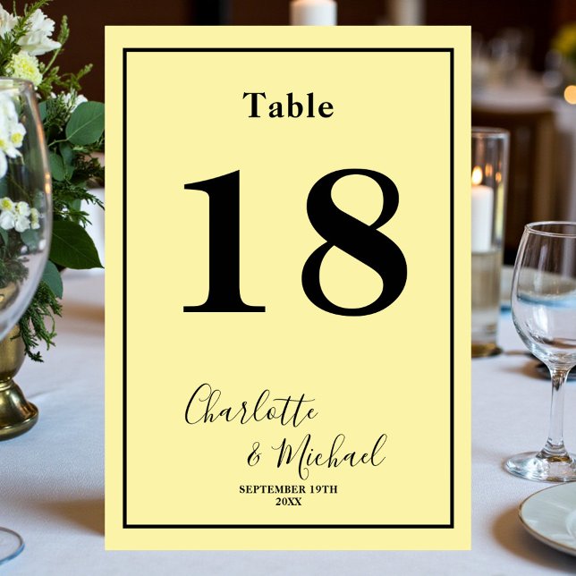 Numeração De Mesa Pale Yellow Script Minimalist Wedding (Criador carregado)