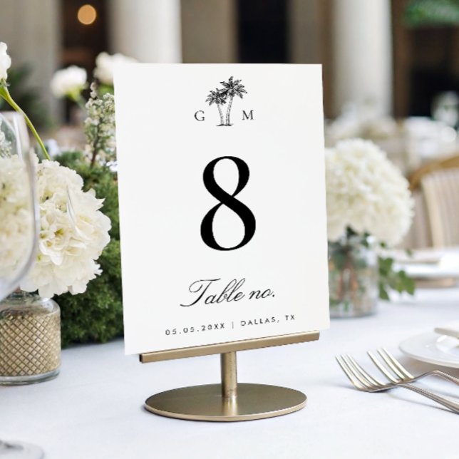 Numeração De Mesa Palm Tree Monogram Elegant Beach Wedding (Criador carregado)
