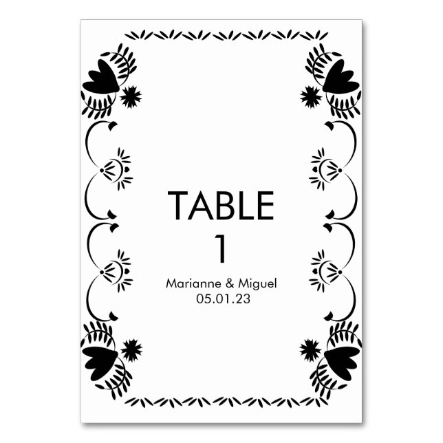 Numeração De Mesa Papel Picado Floral Mexicano Casamento Preto Branc (Frente)
