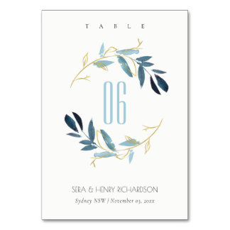 Numeração De Mesa PATERCOR DE LAVAGEM Dourada AZUL WATERCOLOR WREATH