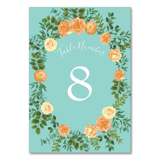 Numeração De Mesa Peach Aqua Teal Wedding Rosa Floral (Verso)