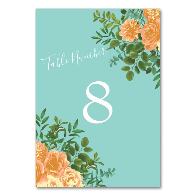 Numeração De Mesa Peach Aqua Teal Wedding Rosa Floral (Verso)