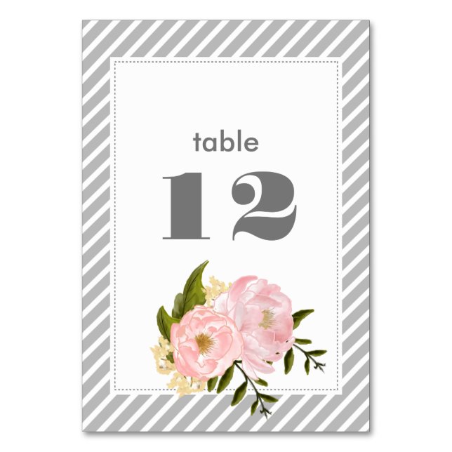 Numeração De Mesa Peônias cor-de-rosa embebidas | Cinza Stripe Patte (Frente)