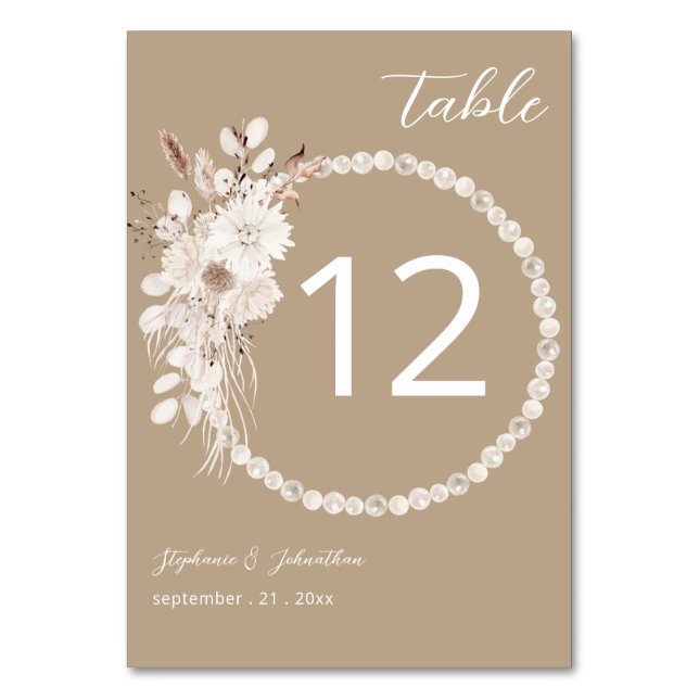 Numeração De Mesa Pérolas e Número de Mesa Bege Floral Branco (Frente)