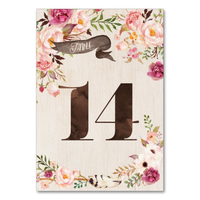 Numeração De Mesa Placa 14 de Núm. de Casamento Russo Floral Boho (Frente)