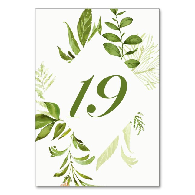 Numeração De Mesa Placa de Folhagem Verde Selvagem de Cores Aquática (Verso)