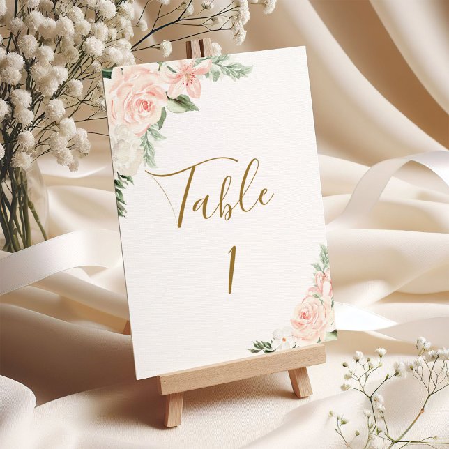 Numeração De Mesa Placa de Mesa de Casamento Floral Dourada e Rosa E (Criador carregado)