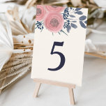 Numeração De Mesa Placa de Número da Tabela de Poppies Escamuflados<br><div class="desc">Nossos cartões florais modernos e românticos de números de mesa apresentam flores de papoila aquosa em cor pingue-d-água, rosas em folhas e botões em azul marinho empoeirado e verde-caçador desbotado, com seu número de mesa em azul-da-noite. Design repete-se no lado oposto. Coordena-se com a nossa suíte de convites para o...</div>