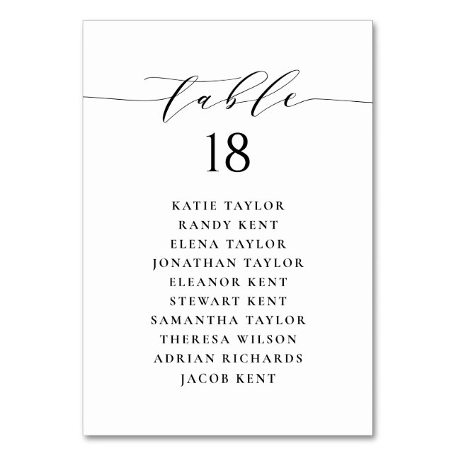 Numeração De Mesa Plano de Casamento de Script Minimalista Negro (Frente)