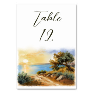 Numeração De Mesa Pôr do Sol Aquarela Costa Casamento Mediterrâneo