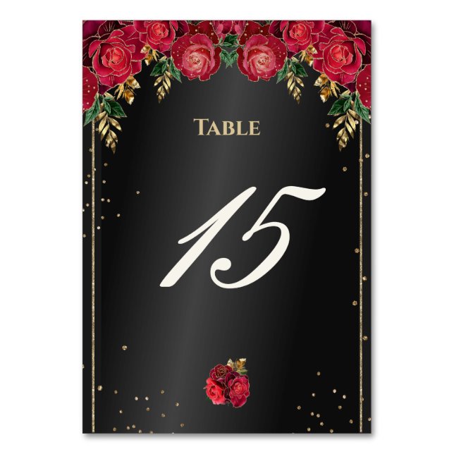 Numeração De Mesa Preto com Rosas vermelhas Quinceañera (Frente)