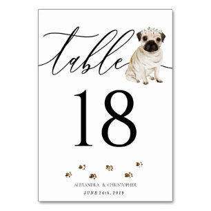 Numeração De Mesa Pug Dog Puppy Casamento Assinatura de Caligrafia