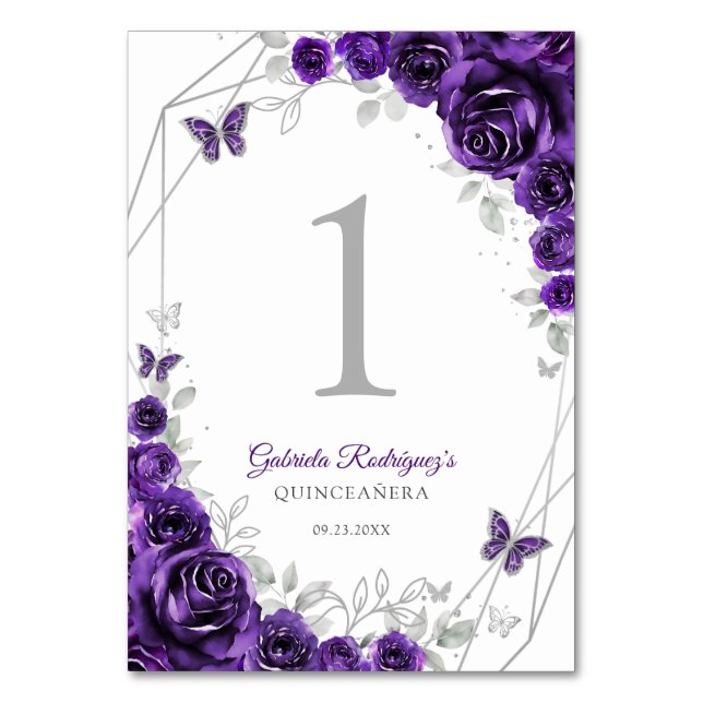 Numeração De Mesa Purple Silver Floral Quinceanera (Frente)