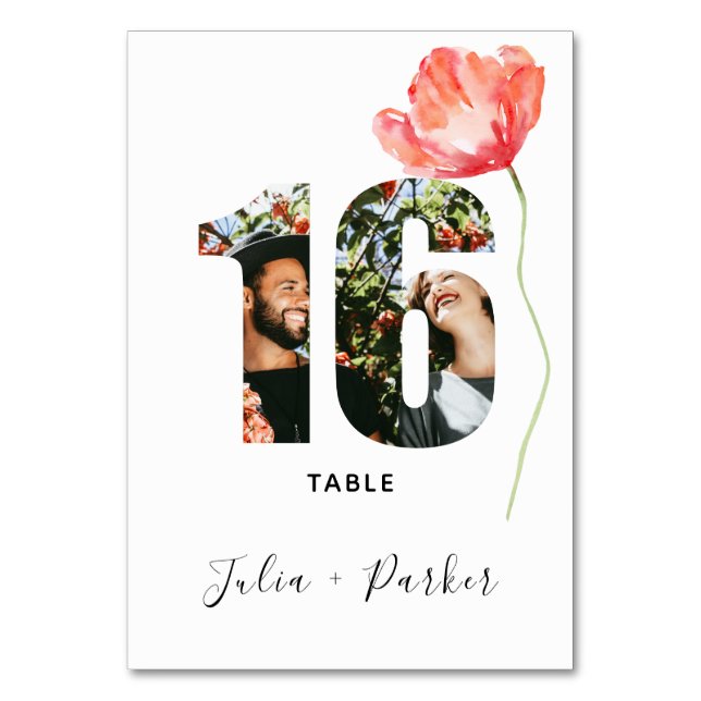 Numeração De Mesa Quadro 16 de Casamento Vermelho de Poppy Moderno (Frente)