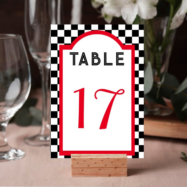 Numeração De Mesa Quadro de Verificação do Dinheiro Retroativo Preto (Retro Diner Checkerboard Red Black & White Table Number)