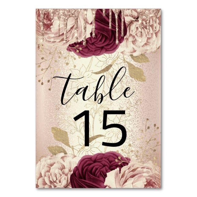Numeração De Mesa Quadro Número 15 Unidades Rosa Floral Marsala Burg (Frente)