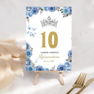 Numeração De Mesa Quinceana azul empoeirada e ouro