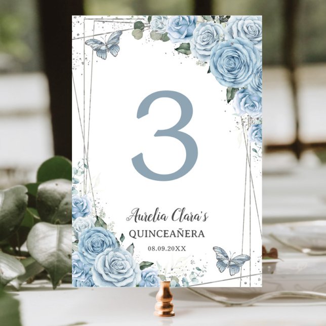 Numeração De Mesa Quinceañera Baby Blue Floral Silver Butflies (Criador carregado)