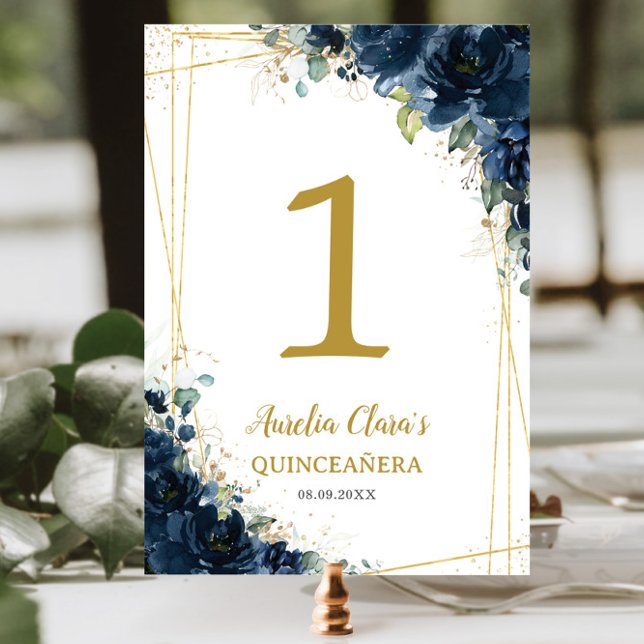 Numeração De Mesa Quinceañera Birthday Marinho Azul Floral Dourado (Criador carregado)